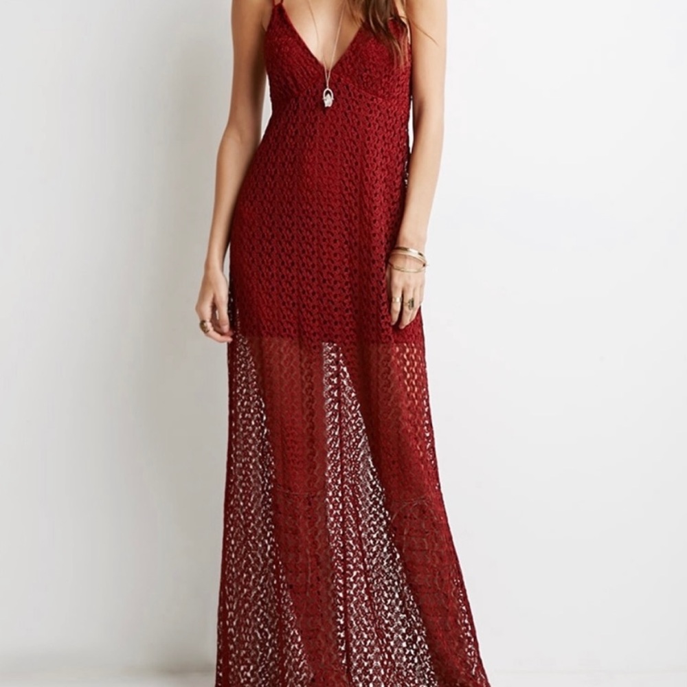 Rusty Red Crochet Forever 21 Maxi Dress Crisscross Back Spaghetti Straps